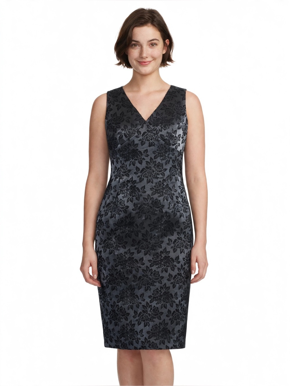 Liz Claiborne Black Floral Jacquard V-Neck Sheath Dress